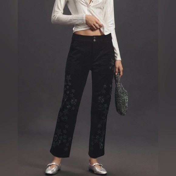 Pilcro Pants - Anthropologie Pilcro Size 28 • The Wanderer Star Black Beaded Velvet Pants.